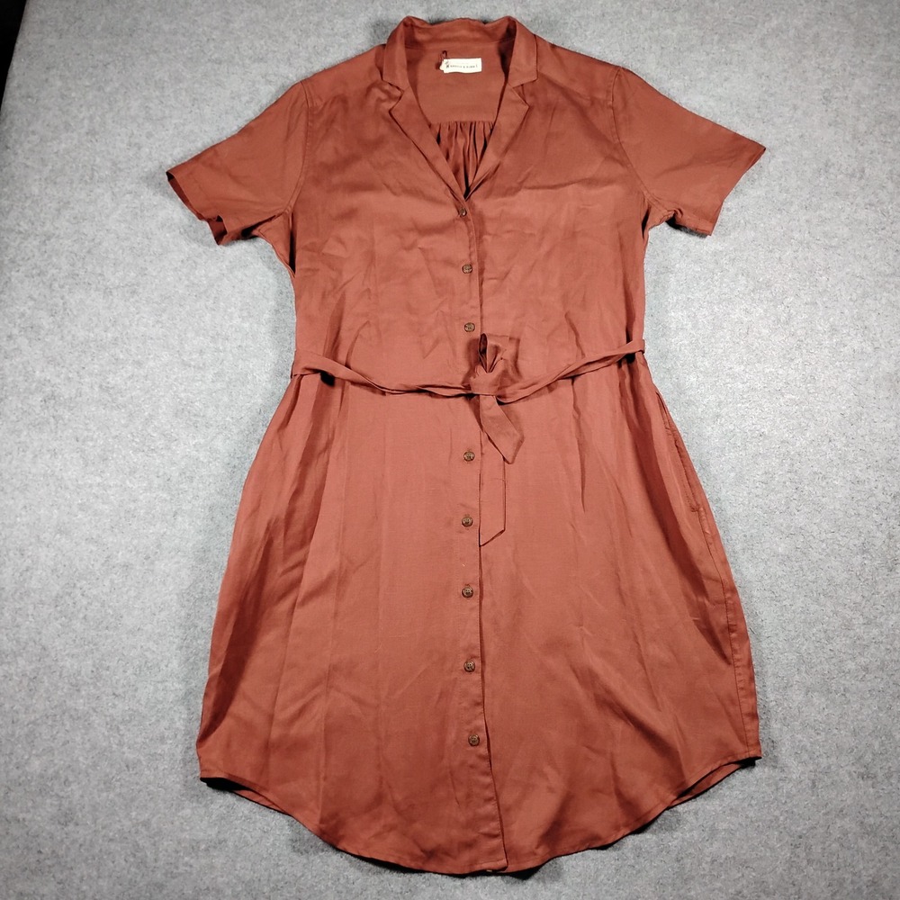 Bridge & Burn Rust Orange Tencel Linen Short Sleeve Button Front Dress Large